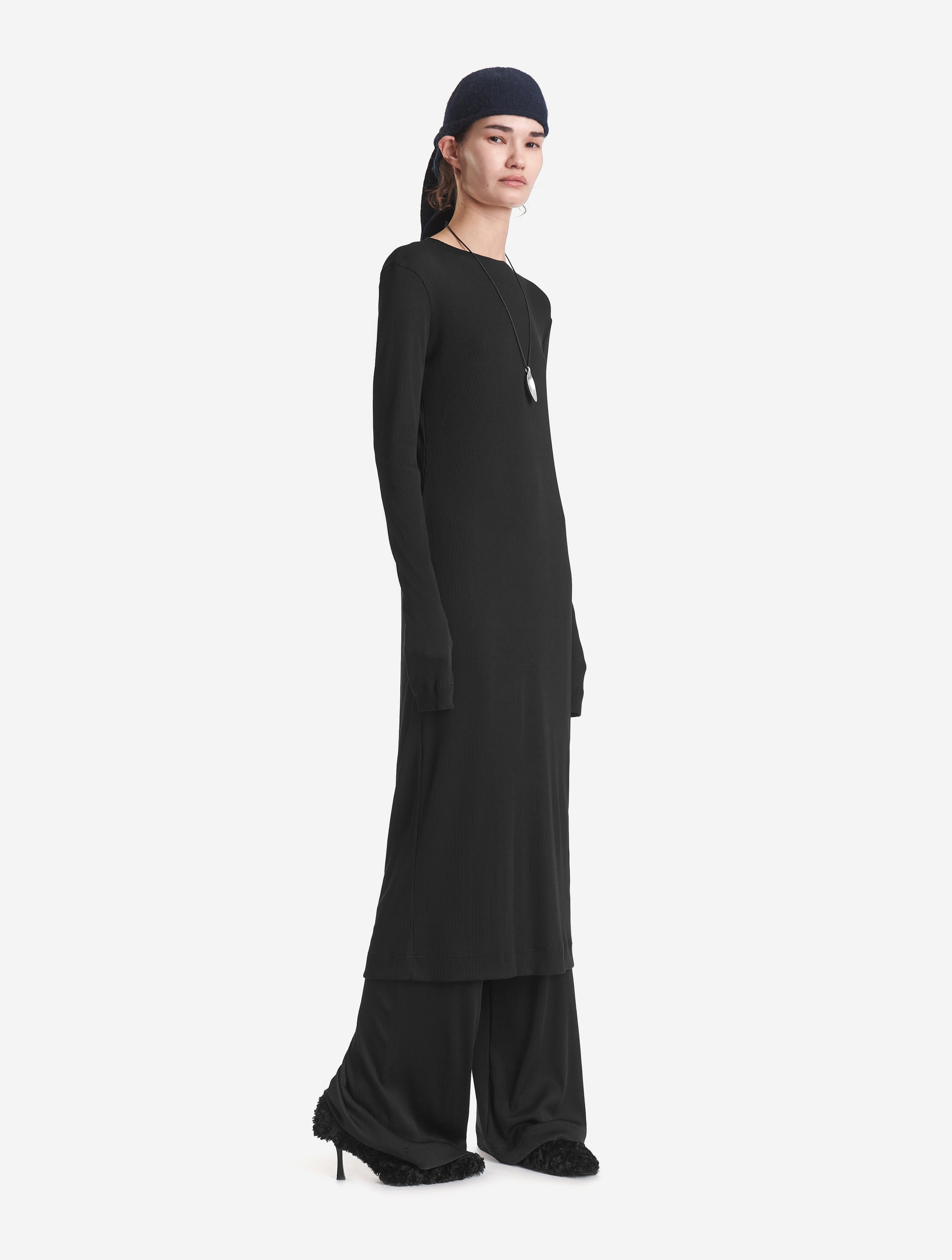 Rib-Knit Long-Sleeved Dress